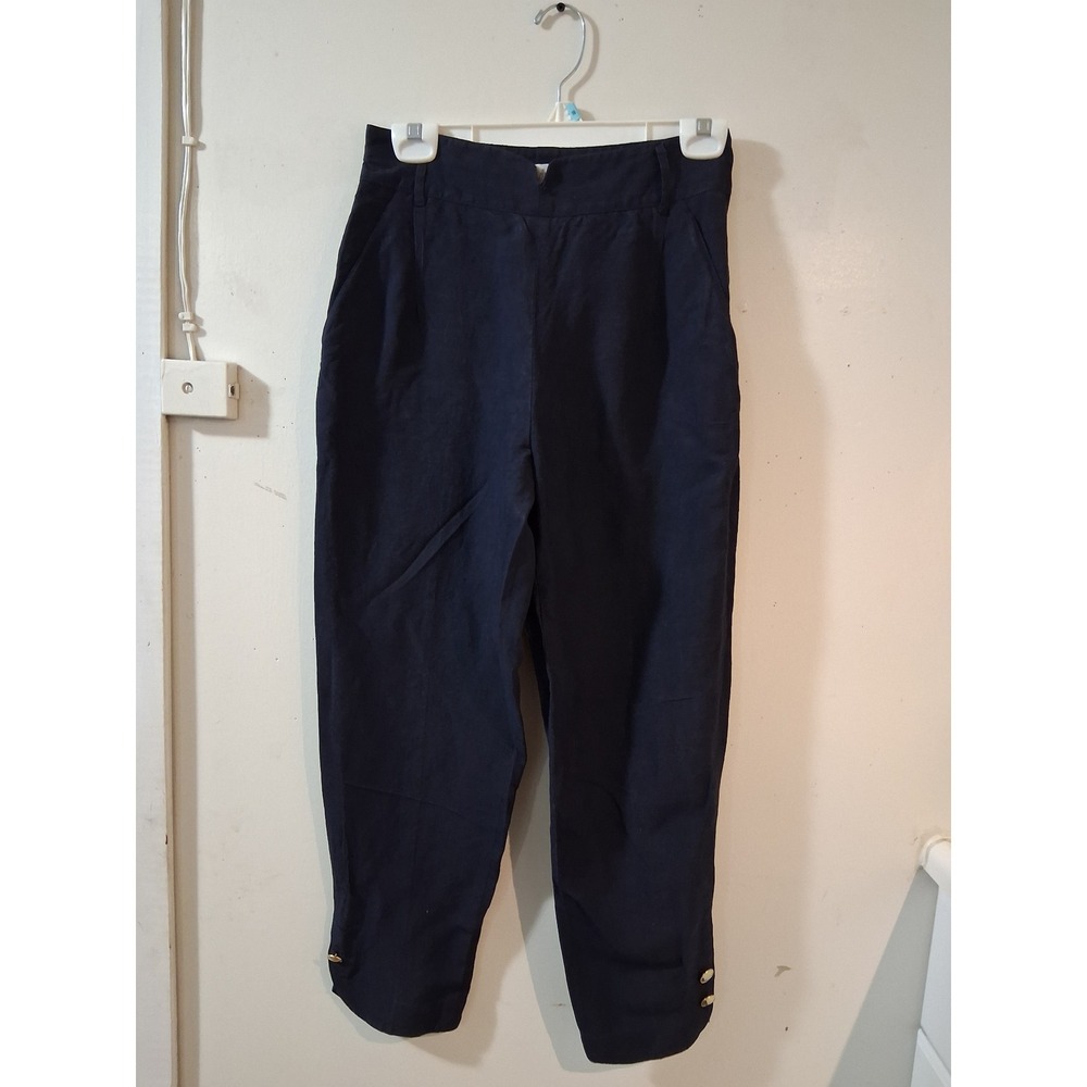 Byblos Italy Navy Blue High Waist Tapered Cropped Trousers Gold Buttons Size 42